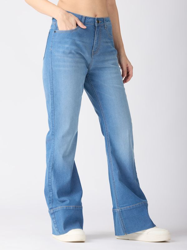 Globus Women Light Blue Cotton Stretch Solid Mid-Rise Wide Bottom Hem Bootcut Jeans