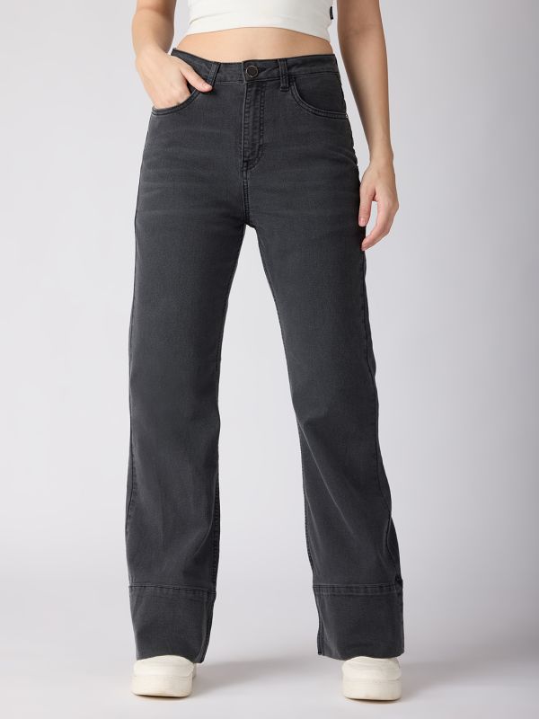 Globus Women Charcoal Cotton Stretch Solid Mid-Rise Wide Bottom Hem Bootcut Jeans