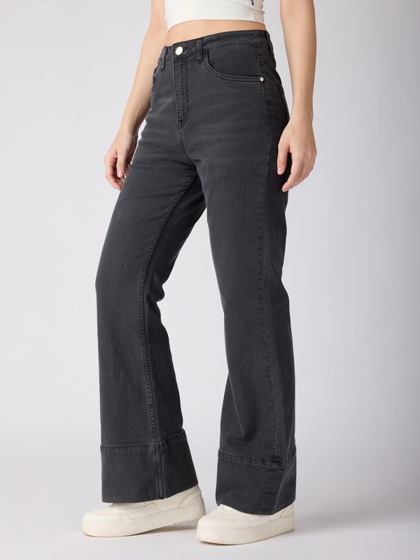 Globus Women Charcoal Cotton Stretch Solid Mid-Rise Wide Bottom Hem Bootcut Jeans