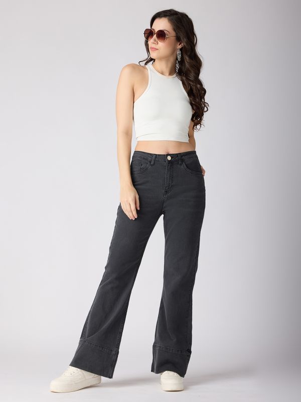 Globus Women Charcoal Cotton Stretch Solid Mid-Rise Wide Bottom Hem Bootcut Jeans