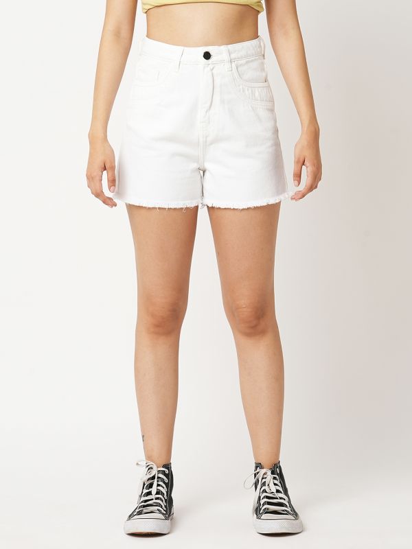 Globus Women White Slim Fit High Rise Washed Frayed Denim Shorts