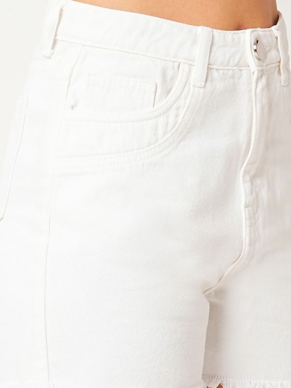 Globus Women White Slim Fit High Rise Washed Frayed Denim Shorts