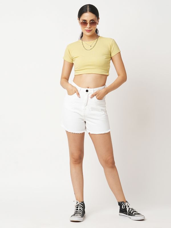 Globus Women White Slim Fit High Rise Washed Frayed Denim Shorts