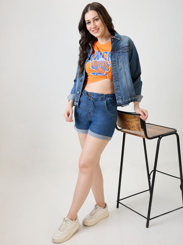 Globus Women Med Blue Slim Fit Mid-Rise Drawstring Closure Denim Shorts
