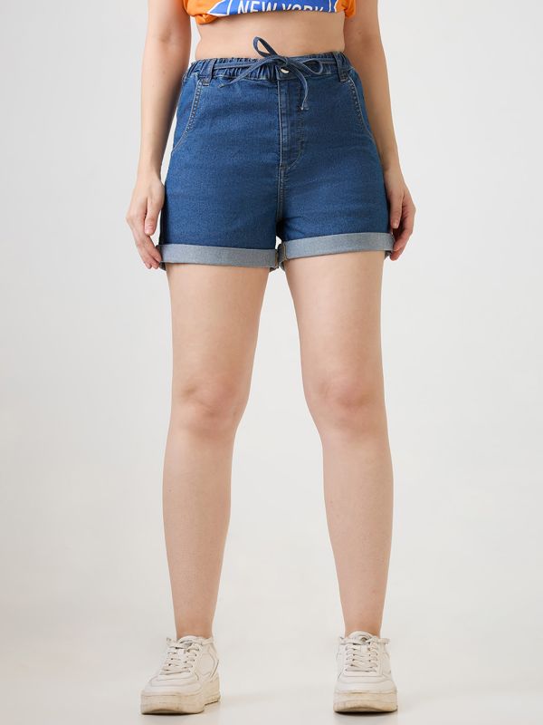 Globus Women Med Blue Slim Fit Mid-Rise Drawstring Closure Denim Shorts