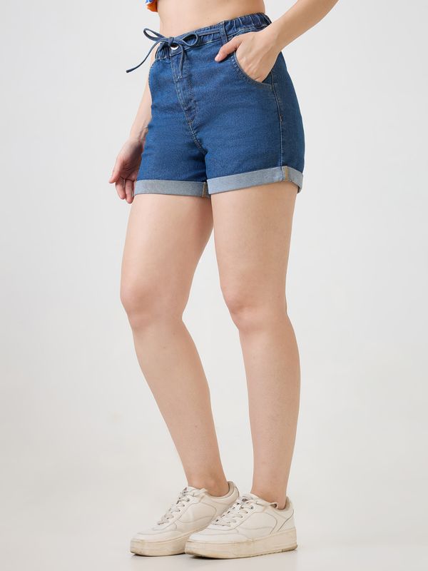 Globus Women Med Blue Slim Fit Mid-Rise Drawstring Closure Denim Shorts