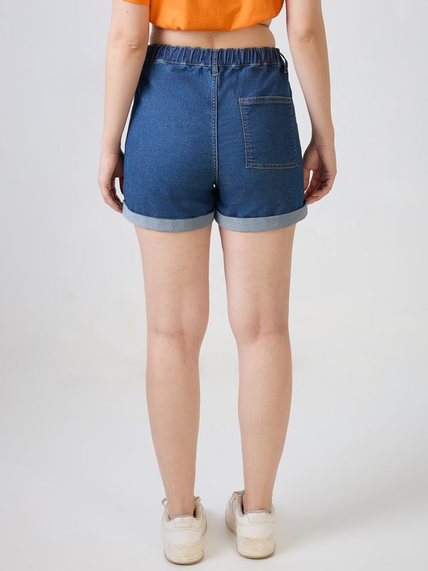 Globus Women Med Blue Slim Fit Mid-Rise Drawstring Closure Denim Shorts