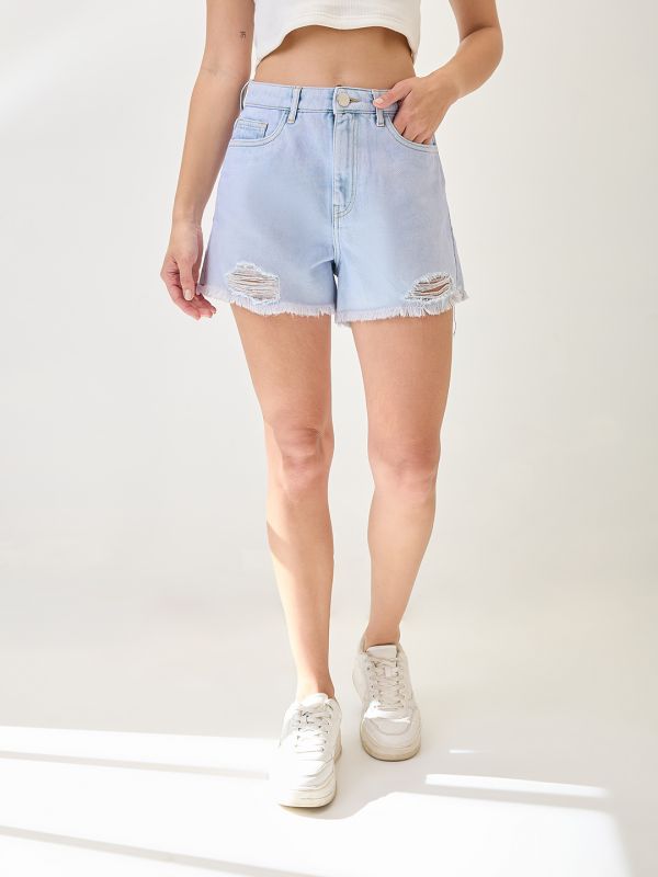 Globus Women Light Blue Slim Fit Mid-Rise Distressed & Frayed Hem Denim Shorts