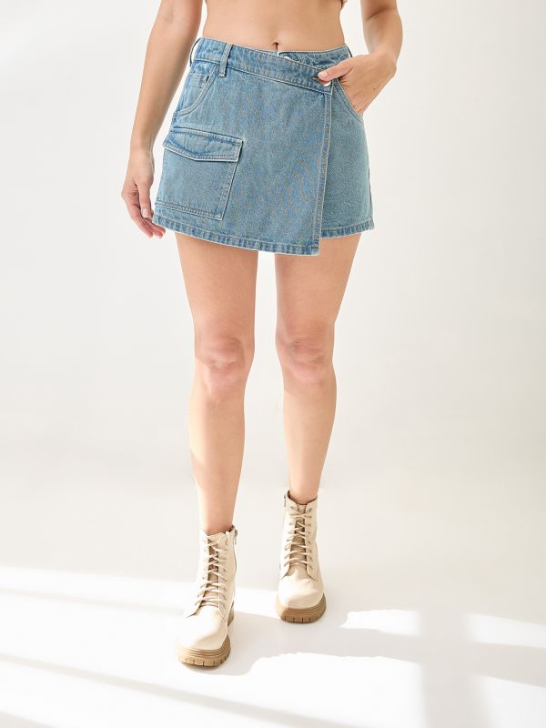 Globus Women Light Blue Slim Fit Mid-Rise Front Pocket Denim Skorts