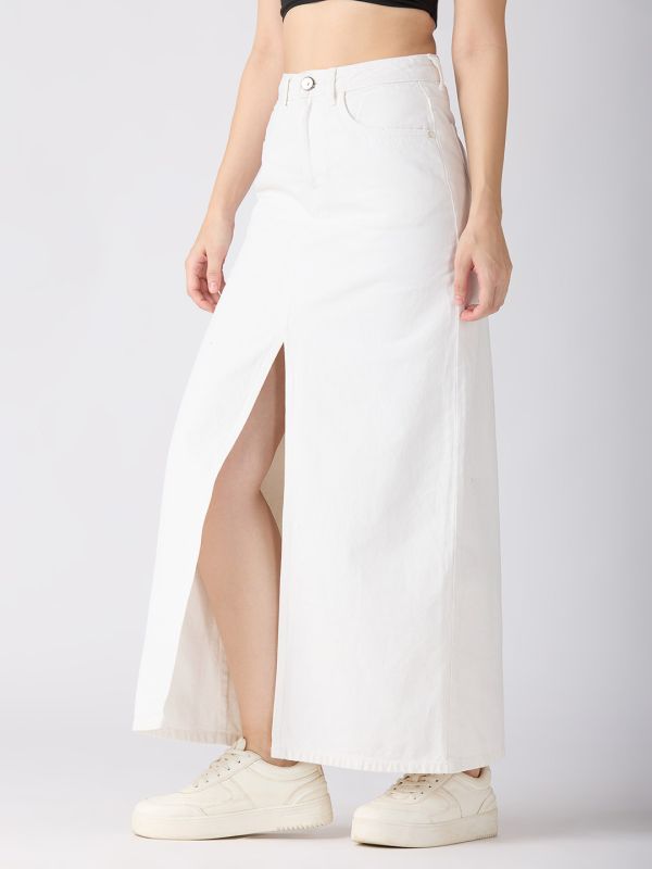 Globus Women White Solid Mid-Rise Front Slit Straight Maxi Denim Skirt