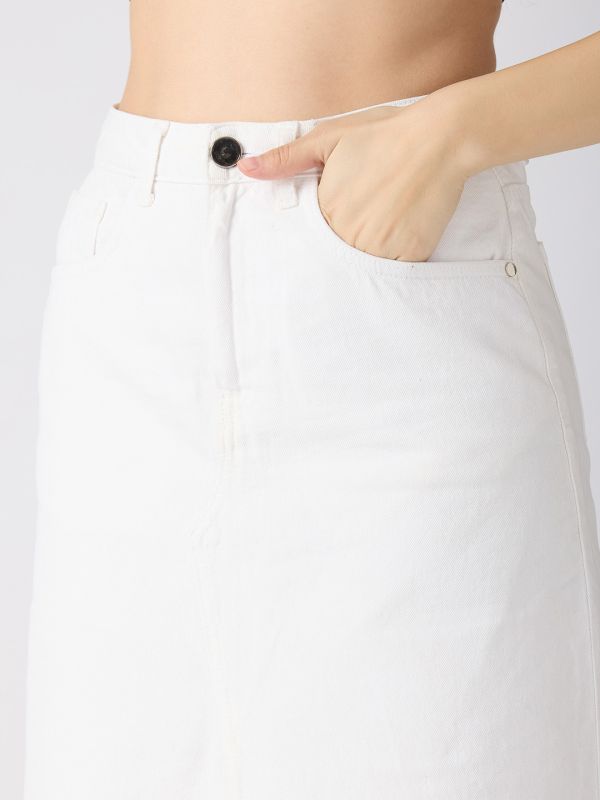 Globus Women White Solid Mid-Rise Front Slit Straight Maxi Denim Skirt