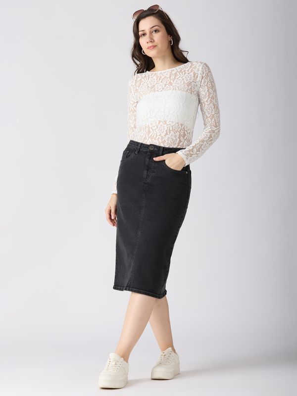 Globus Women Charcoal Stretchable Solid Mid-Rise Back Slit Midi Denim Pencil Skirt