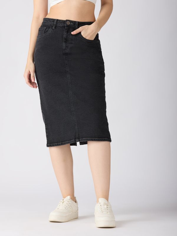 Globus Women Charcoal Stretchable Solid Mid-Rise Back Slit Midi Denim Pencil Skirt