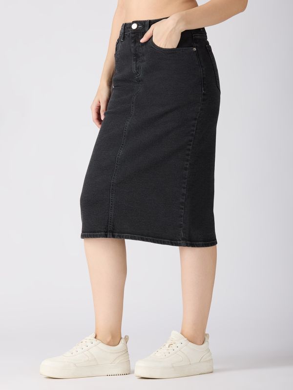 Globus Women Charcoal Stretchable Solid Mid-Rise Back Slit Midi Denim Pencil Skirt