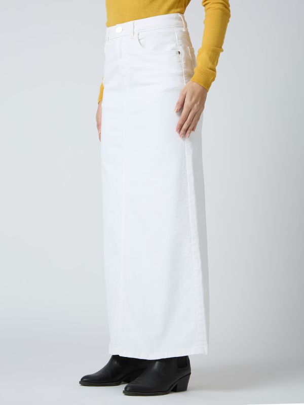 Globus Women White Stretchable Solid Mid-Rise Back Slit Straight Maxi Denim Skirt