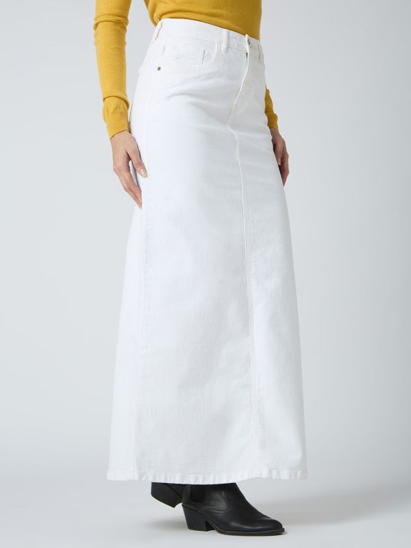 Globus Women White Stretchable Solid Mid-Rise Back Slit Straight Maxi Denim Skirt