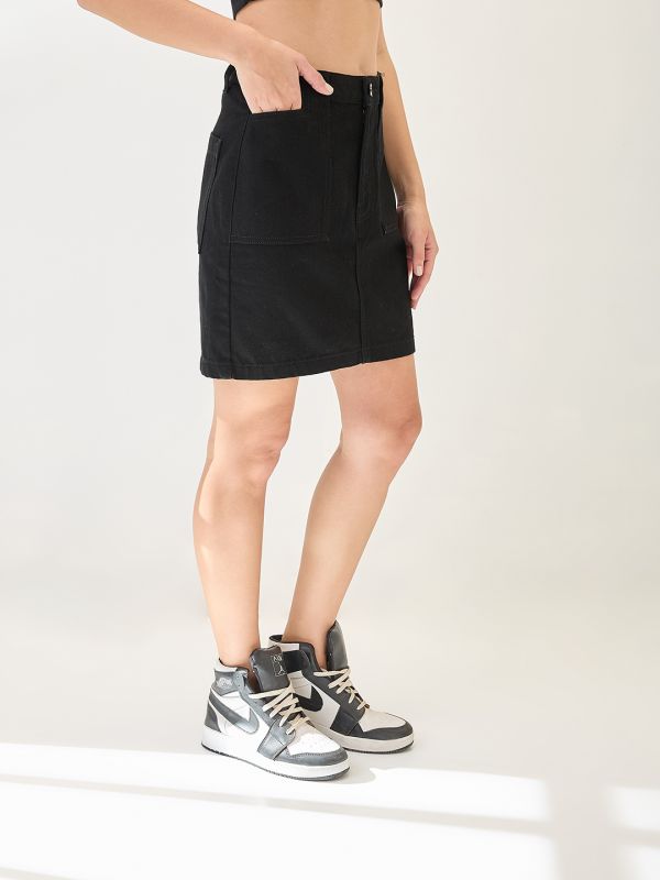 Globus Women Black Cotton Mid Rise Pocket Detail Mini Denim Skirt