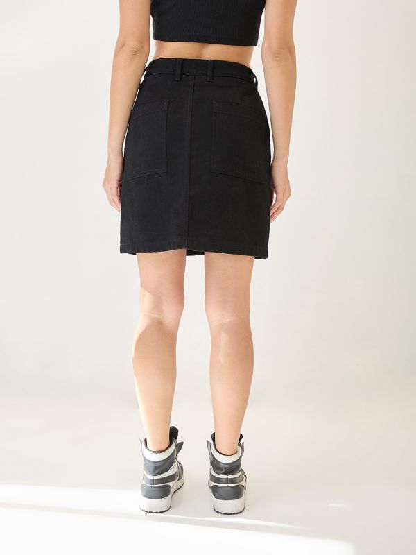 Globus Women Black Cotton Mid Rise Pocket Detail Mini Denim Skirt