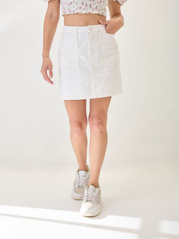 Globus Women White Cotton Mid Rise Pocket Detail Mini Denim Skirt