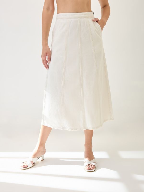 Globus Women White Mid Rise Panelled A-Line Midi Denim Skirt