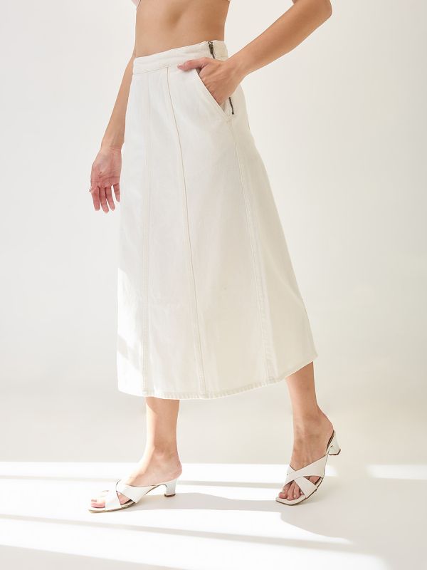 Globus Women White Mid Rise Panelled A-Line Midi Denim Skirt
