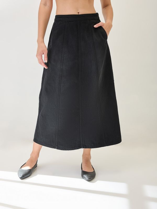 Globus Women Black Mid Rise Panelled A-Line Midi Denim Skirt