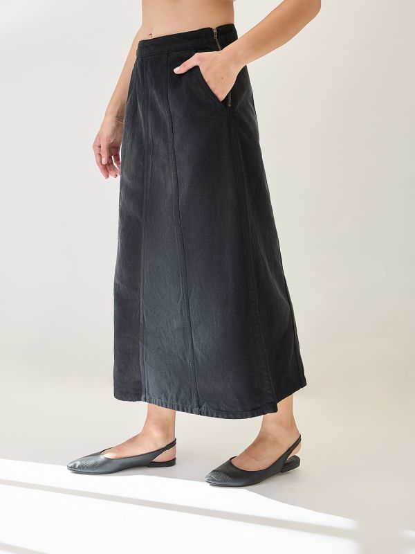 Globus Women Black Mid Rise Panelled A-Line Midi Denim Skirt