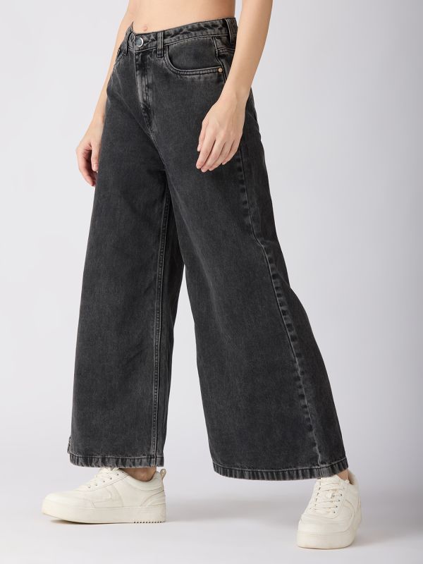 Globus Women Charcoal Cotton Solid Mid-Rise Super Flared Jeans