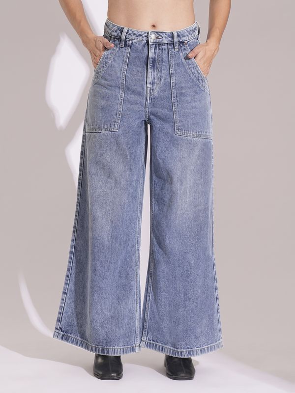 Globus Women Light Blue Cotton High Rise Whiskers Effect Wide Leg Jeans
