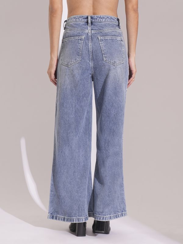 Globus Women Light Blue Cotton High Rise Whiskers Effect Wide Leg Jeans