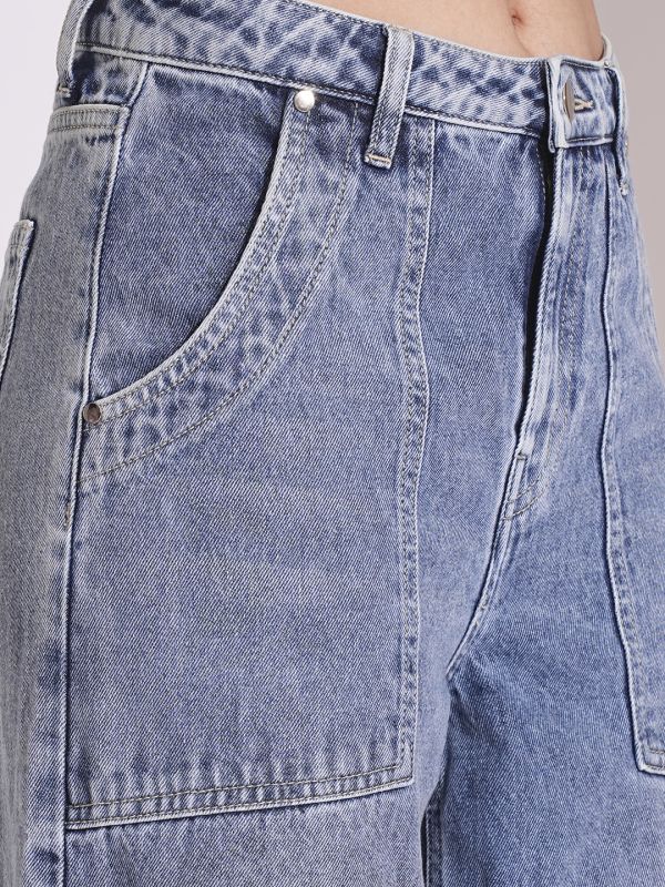 Globus Women Light Blue Cotton High Rise Whiskers Effect Wide Leg Jeans