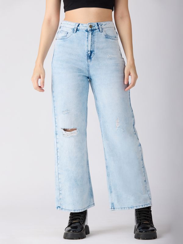 Globus Women Light Blue Cotton Distress Mid-Rise Wide Leg Jeans