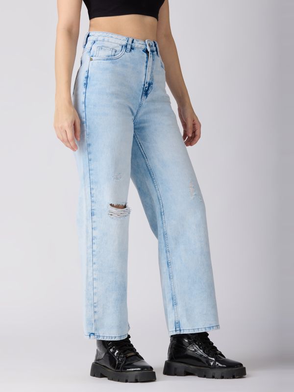 Globus Women Light Blue Cotton Distress Mid-Rise Wide Leg Jeans