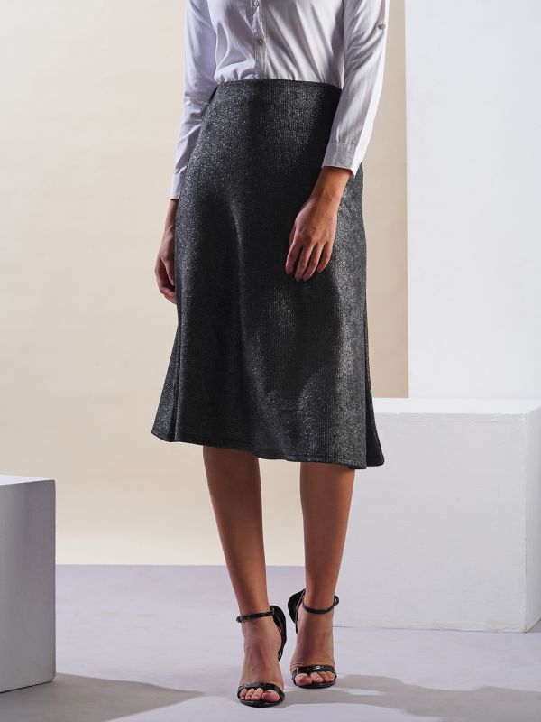 Globus Women Gunmetal Shimmer Ribbed Mid-Rise Flared Midi Party Skirt