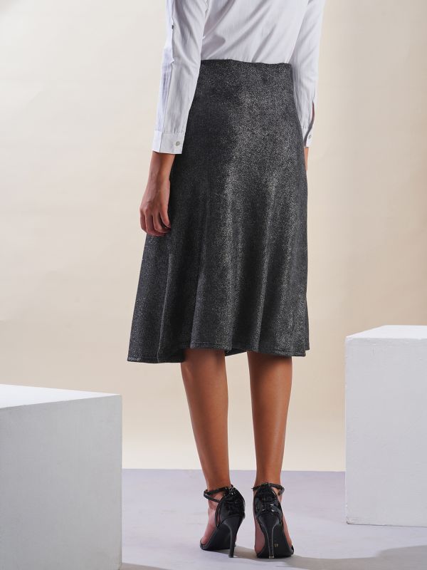 Globus Women Gunmetal Shimmer Ribbed Mid-Rise Flared Midi Party Skirt