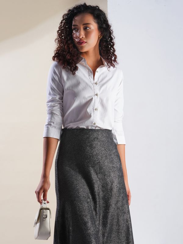 Globus Women Gunmetal Shimmer Ribbed Mid-Rise Flared Midi Party Skirt