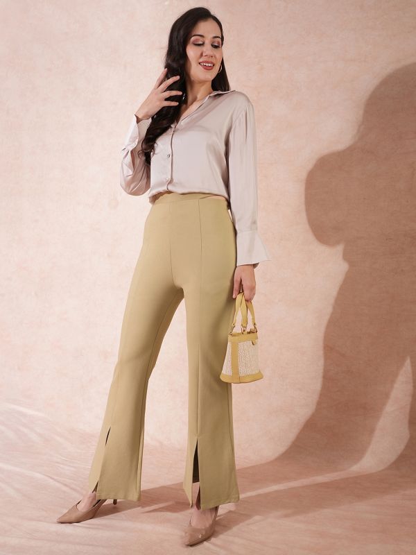 Globus Women Camel Stretchable High-Rise Front Slit Waist Tie-Up Detail Relaxed Fit Party Wear Treggings