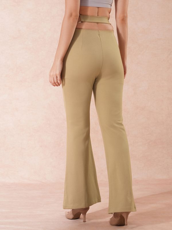 Globus Women Camel Stretchable High-Rise Front Slit Waist Tie-Up Detail Relaxed Fit Party Wear Treggings