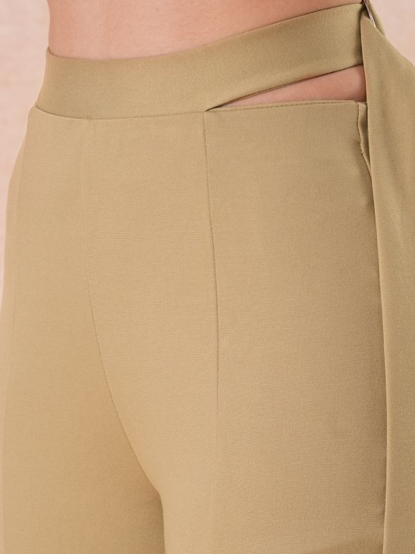 Globus Women Camel Stretchable High-Rise Front Slit Waist Tie-Up Detail Relaxed Fit Party Wear Treggings