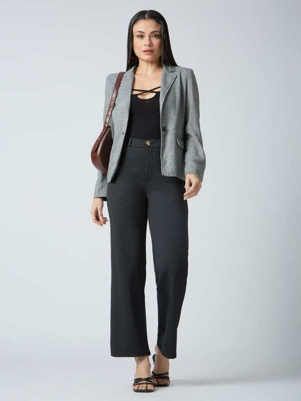 Globus Women Black Self Checked Design Stretchable Mid-Rise Straight Fit Workwear Trousers