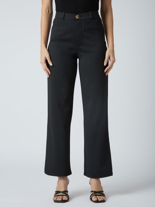 Globus Women Black Self Checked Design Stretchable Mid-Rise Straight Fit Workwear Trousers