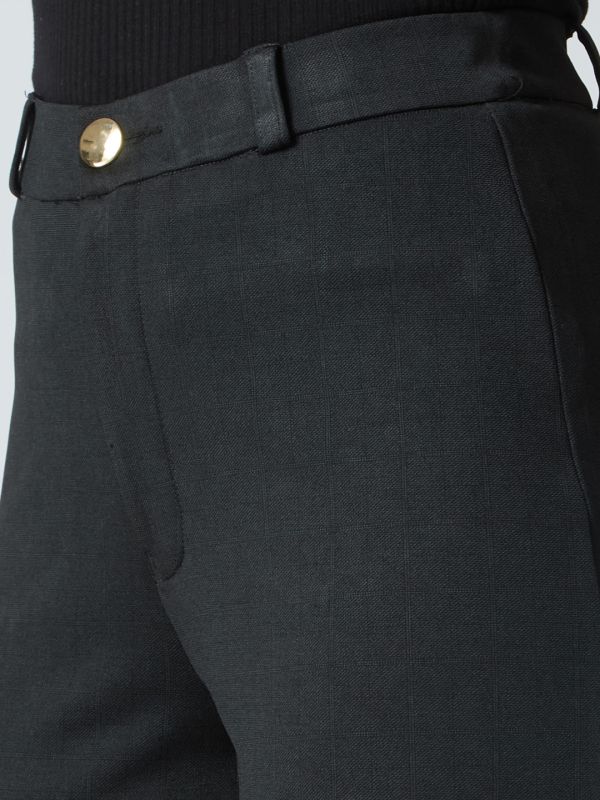 Globus Women Black Self Checked Design Stretchable Mid-Rise Straight Fit Workwear Trousers