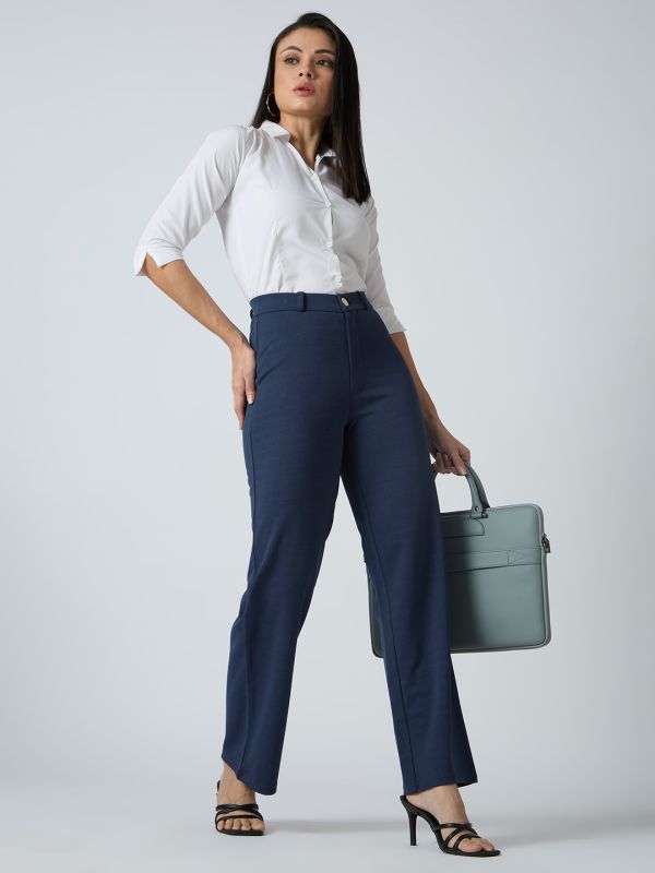 Globus Women Navy Self Checked Design Stretchable Mid-Rise Straight Fit Workwear Trousers