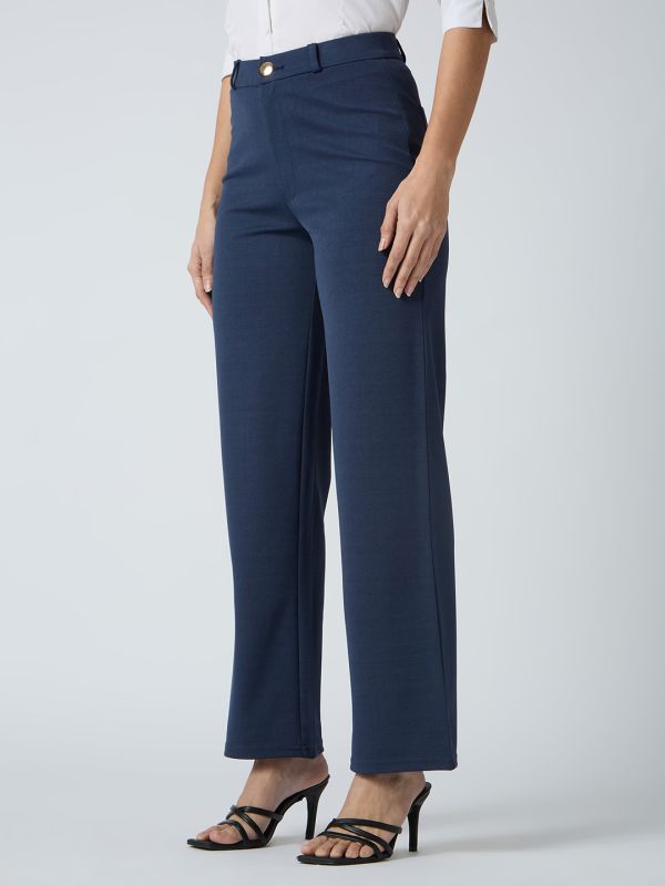 Globus Women Navy Self Checked Design Stretchable Mid-Rise Straight Fit Workwear Trousers