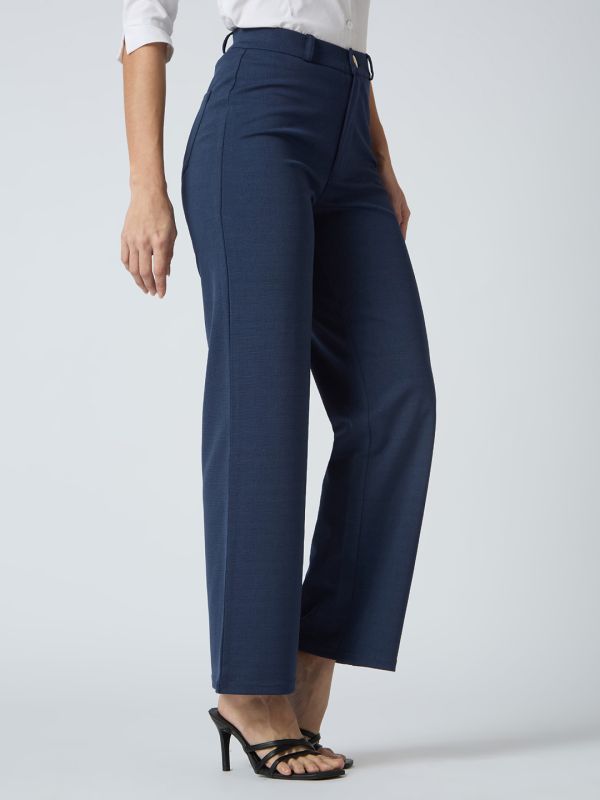 Globus Women Navy Self Checked Design Stretchable Mid-Rise Straight Fit Workwear Trousers