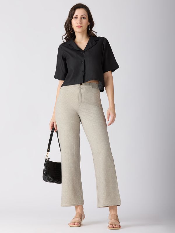 Globus Women Beige Self Checked Design Stretchable Mid-Rise Straight Fit Workwear Trousers