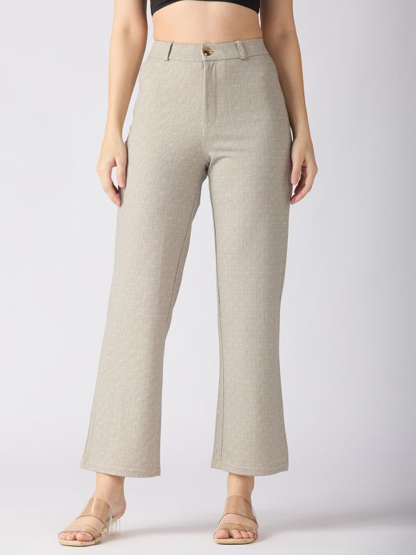 Globus Women Beige Self Checked Design Stretchable Mid-Rise Straight Fit Workwear Trousers