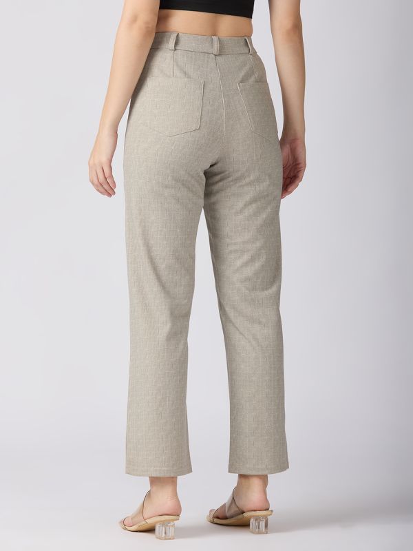 Globus Women Beige Self Checked Design Stretchable Mid-Rise Straight Fit Workwear Trousers