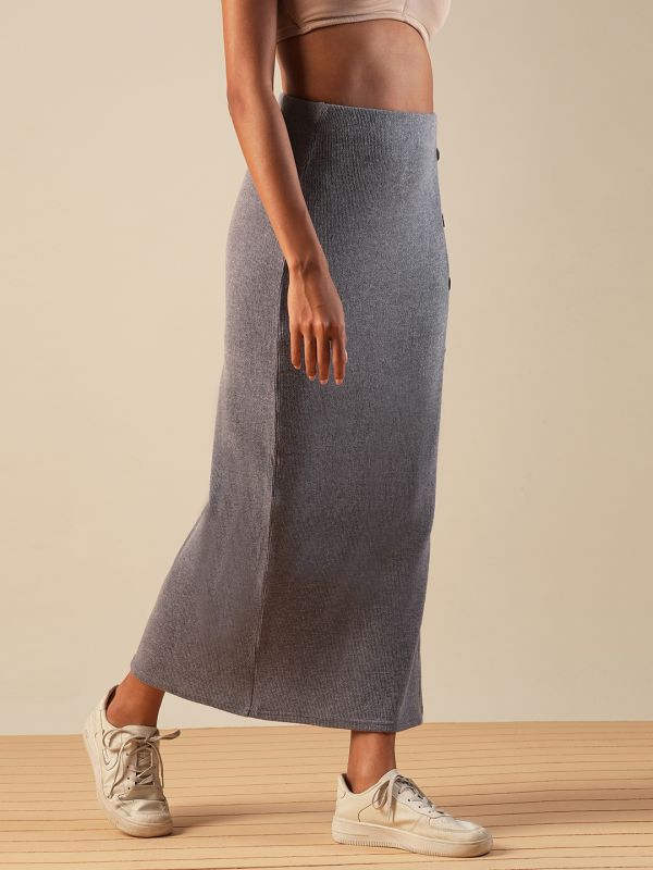 Globus Women Grey Self Design Button Detail Mid-Rise Side Slit Midi Pencil Skirt
