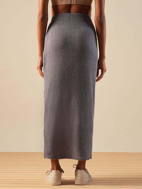 Globus Women Grey Self Design Button Detail Mid-Rise Side Slit Midi Pencil Skirt